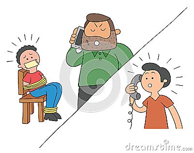 Cartoon man held hostage and ransom demanded by phone, vector illustration Vector Illustration