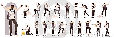 Black male tourist character in side, front and back view set, man holding map, backpack Vector Illustration