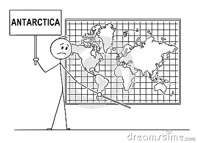 Cartoon of Man Holding a Sign and Pointing at Place Under Wall World Map Where Antarctica Continent Should Be Vector Illustration