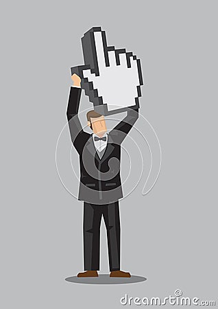 Cartoon Man Holding Up Digital Hand Click Icon Cartoon Vector Illustration Vector Illustration