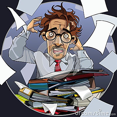 Cartoon man is hysterical with folders of papers Vector Illustration