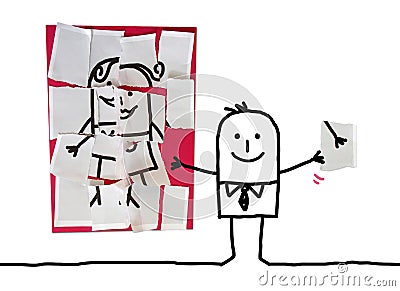 Cartoon Man with Last Missing Piece for his Woman Puzzle Stock Photo