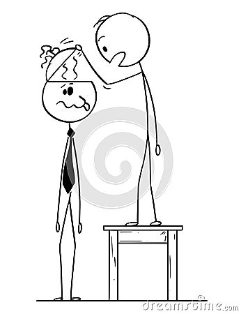 Cartoon of Man Looking in to Empty Head of Crazy or Dull Brainless Businessman or Politician Vector Illustration