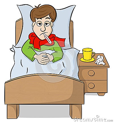 Cartoon man lying in bed with fever Vector Illustration