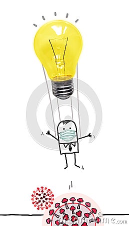 Cartoon Man with Mask, escaping Virus on a Light Bulb Balloon Stock Photo