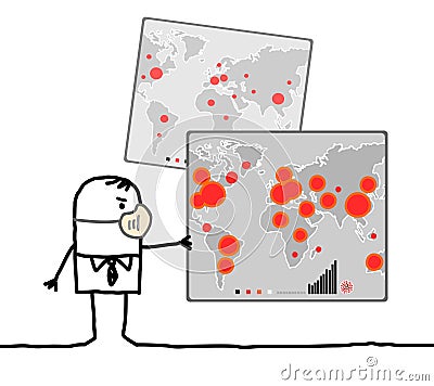Cartoon man with mask watching a world map with big viral epidemic points Vector Illustration