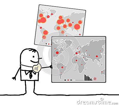 Cartoon man without mask watching a world map with small viral epidemic points Vector Illustration