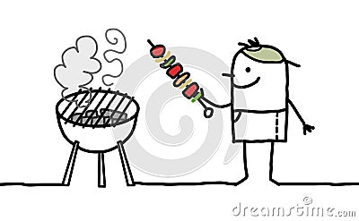 Cartoon Man with Meat Brochette and Barbecue Vector Illustration