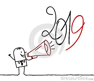 Cartoon Man with Megaphone and 2019 Sign Vector Illustration