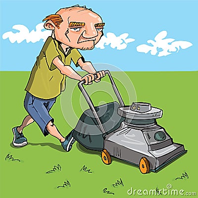 Cartoon man mowing his lawn Vector Illustration