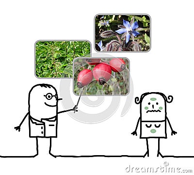 Cartoon man naturopath prescribing plants to a woman Cartoon Illustration