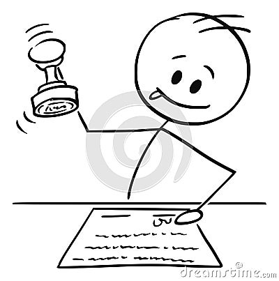 Cartoon of Man, Notary or White Collar Worker Stamping a Document with Rubber Stamp Vector Illustration