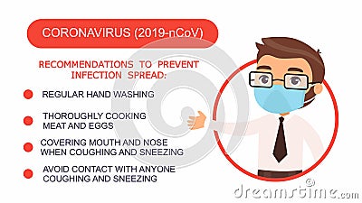 Cartoon man in an office suit points to a list of recommendations for protection against coronavirus. Vector Illustration