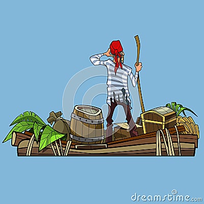 Cartoon man pirate on a boat with treasures Vector Illustration