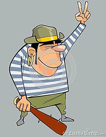 Cartoon man in a pirate costume with baton shows gesture Vector Illustration