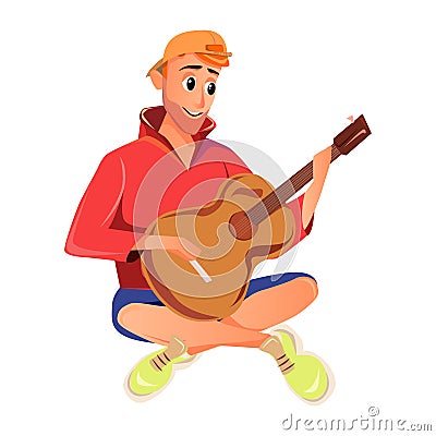 Cartoon Man Play Acoustic Guitar Sitting Outdoors Vector Illustration