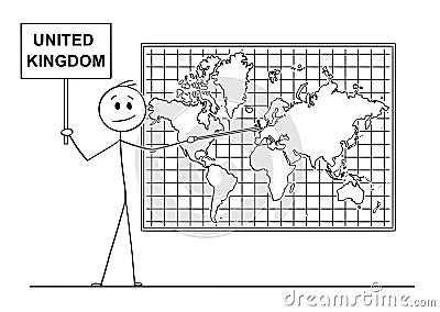 Cartoon of Man Pointing at England or Great Britain or United Kingdom on Wall World Map Vector Illustration