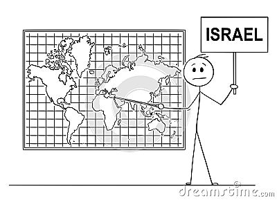 Cartoon of Man Pointing at State of Israel on Wall World Map Vector Illustration