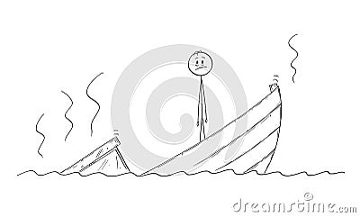 Cartoon of Man, Politician or Businessman Standing Depressed on Sinking Boat Vector Illustration