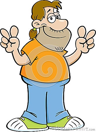 Cartoon man with a pony tail giving two peace signs. Vector Illustration