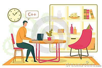 Cartoon Man Programmer Coder Writing Code at Home Vector Illustration