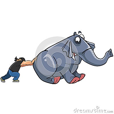 Cartoon man pushes elephant Vector Illustration