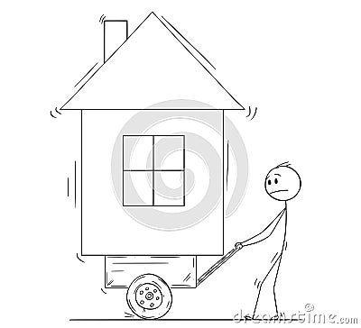 Cartoon of Man Pushing His House on Handcart or Cart Vector Illustration