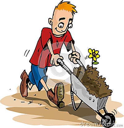 Cartoon of man pushing a wheelbarrow Vector Illustration