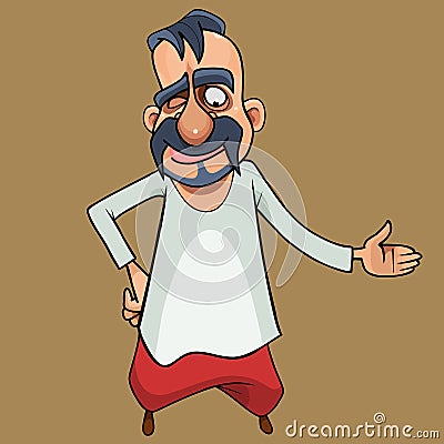 Cartoon man in red trousers with a long mustache and a forelock on his head Vector Illustration