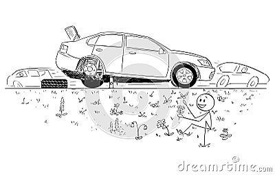 Cartoon of Man Repairing Broken Car and Founding Beauty of Nature in Road Ditch Vector Illustration