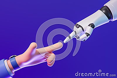 Cartoon man and robot hands touching fingers Stock Photo