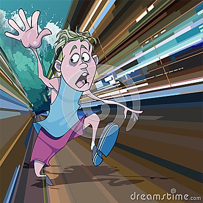 Cartoon man running away in fear from the giant tsunami waves Vector Illustration