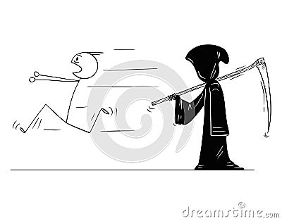 Cartoon of Man Running Away From Grim Reaper or Death with Scythe Vector Illustration