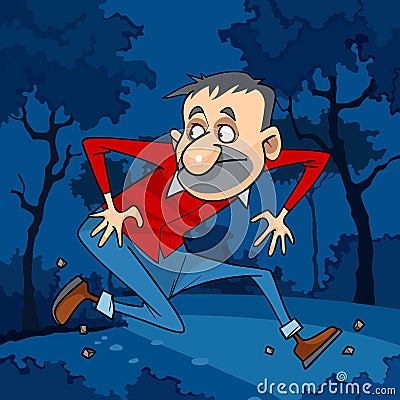 Cartoon man runs away in the night forest Vector Illustration