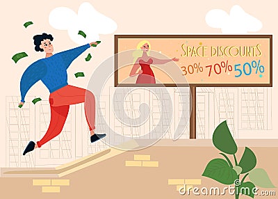 Man Rushing for Special Discount and Sale Cartoon Vector Illustration