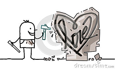 Cartoon Man Sculpting a Stone Heart Vector Illustration