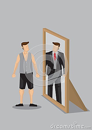 Cartoon Man Sees Himself as Rich Man in Mirror Reflection Vector Vector Illustration