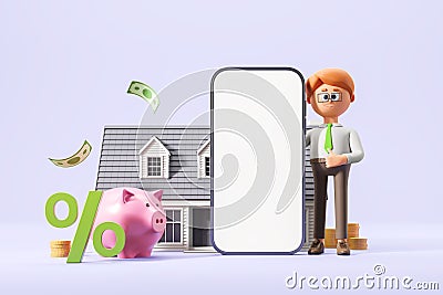 Cartoon man standing near large mock up phone screen, piggy bank and house Cartoon Illustration