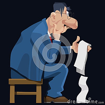 Cartoon man in a suit and glasses pensively sits and looks at the paper Vector Illustration