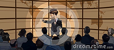 Cartoon man in suit with microphone in hand stands in front of an audience Vector Illustration