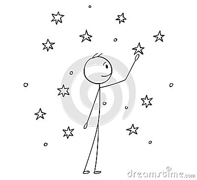 Cartoon of Man Touching Stars on the Sky Vector Illustration