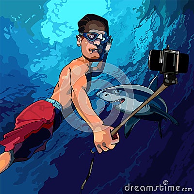 Cartoon man under the water taking pictures of himself with a shark Vector Illustration