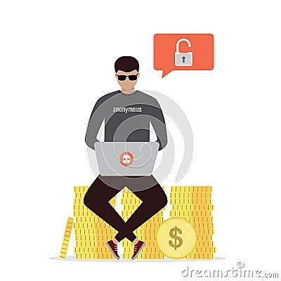 Cartoon man using laptop sits on stack of gold coins. Hacker at work, anonymous attacking computer network. Data protection Vector Illustration