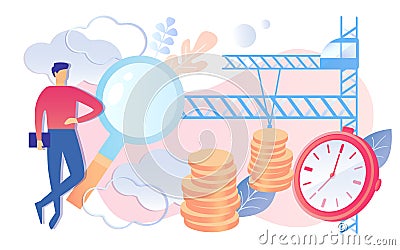 Cartoon Man Watch Red Timer Crane Lift Coin Stack Vector Illustration