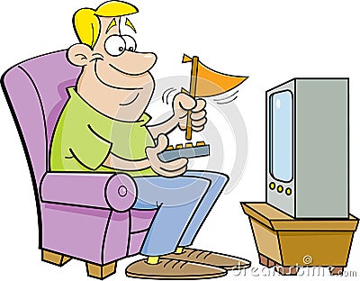 Cartoon man watching television and holding a pennant. Vector Illustration