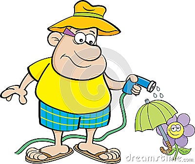 Cartoon Man Watering a Flower with a Garden Hose. Vector Illustration