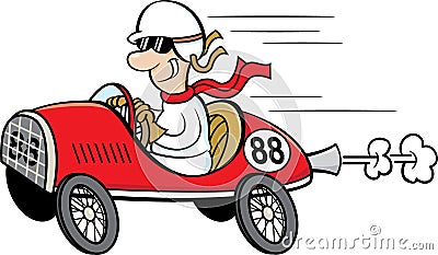 Cartoon man wearing a helmet and goggles driving a race car. Vector Illustration