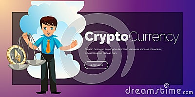 Cartoon man weighs ether crypto currency poster Vector Illustration