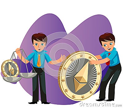Cartoon man weighs ether crypto currency poster Vector Illustration