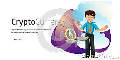 Cartoon man weighs ether crypto currency poster Vector Illustration